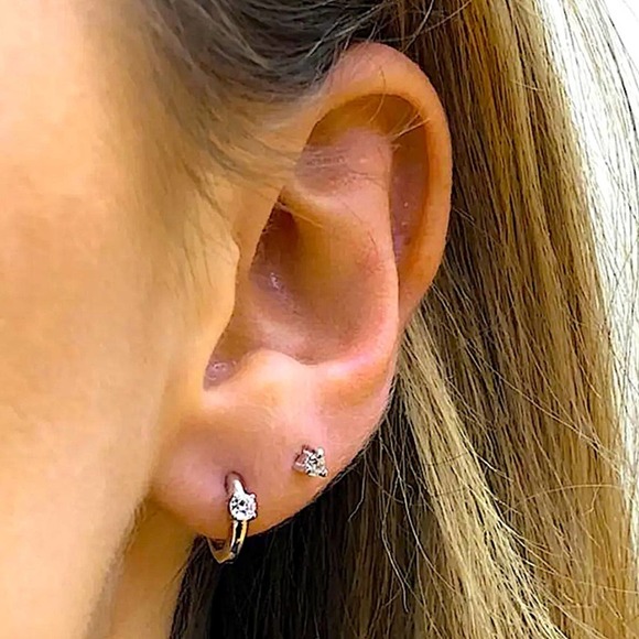 Sterling Silver Diamond Hoop Huggie Minimalist Earrings - Picture 1 of 4